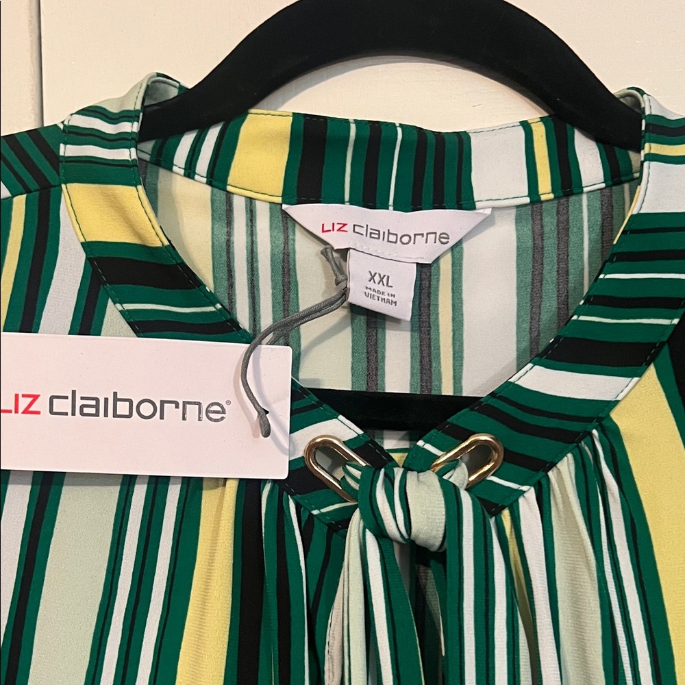 NWT Liz Claiborne Sleeveless Tie Neck Blouse Green Yellow Striped Size XXL - Picture 4 of 5